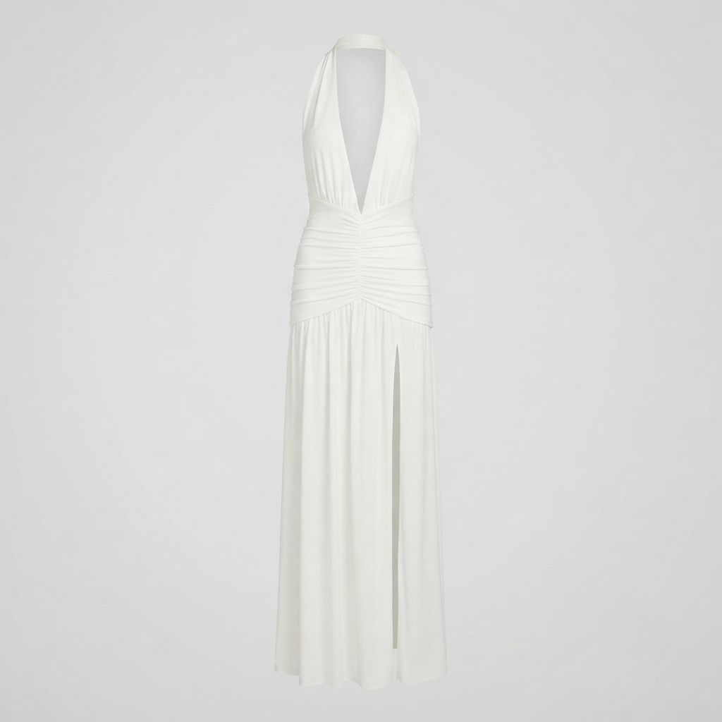 Women's Plunge Neck Halter Maxi Dress – Elegant Evening & Summer Wedding Guest Dress