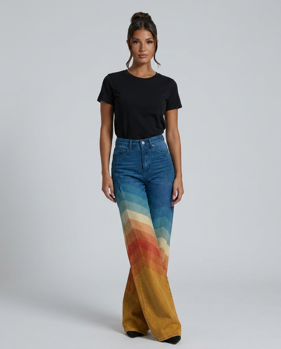 Women's Rainbow Gradient High-Waist Wide-Leg Jeans – Multicolour Statement Denim Pants