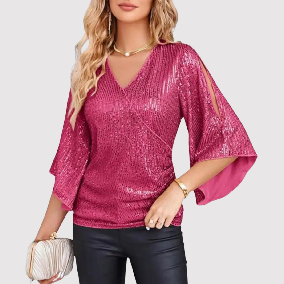 Women's Sequin V-Neck Wrap Blouse with Split Sleeves – Glitter Party and Evening Top