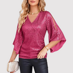 Women's Sequin V-Neck Wrap Blouse with Split Sleeves – Glitter Party and Evening Top