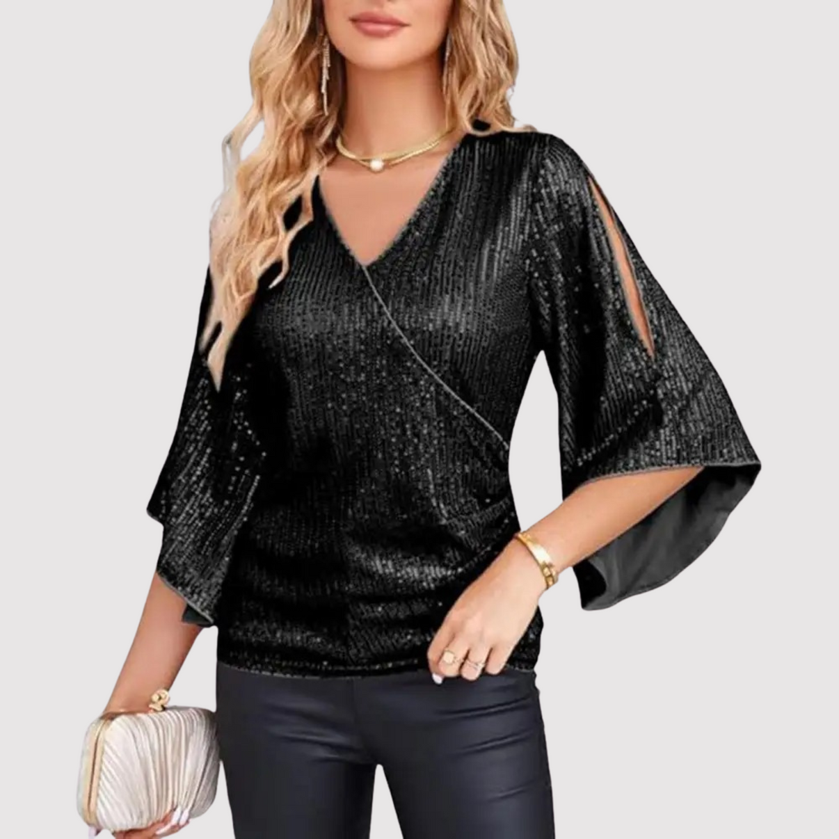 Women's Sequin V-Neck Wrap Blouse with Split Sleeves – Glitter Party and Evening Top