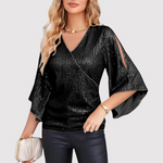 Women's Sequin V-Neck Wrap Blouse with Split Sleeves – Glitter Party and Evening Top