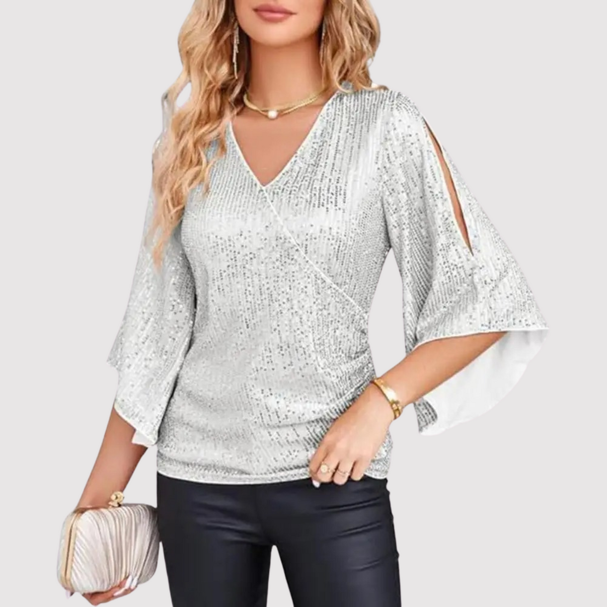 Women's Sequin V-Neck Wrap Blouse with Split Sleeves – Glitter Party and Evening Top