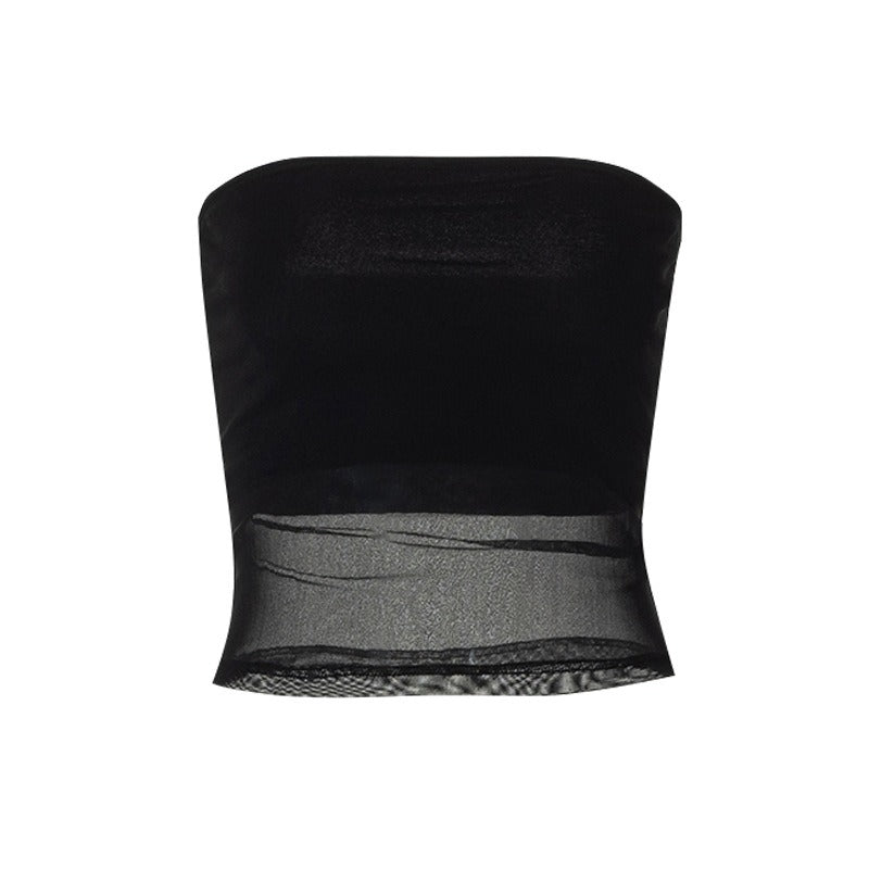 Women's Strapless Mesh Panel Crop Top – Fitted Bandeau Tube Top for Evening