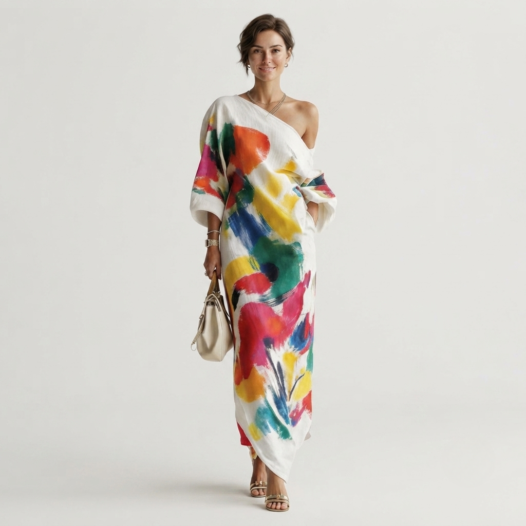 Women's Abstract Print Maxi Dress – Artistic Long Summer Dress for Events & Holidays