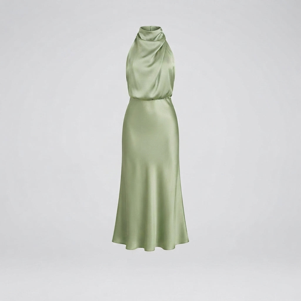 Women's Satin Halter Midi Dress – Sleeveless Wedding Guest & Cocktail Dress for Summer Events