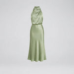 Women's Satin Halter Midi Dress – Sleeveless Wedding Guest & Cocktail Dress for Summer Events