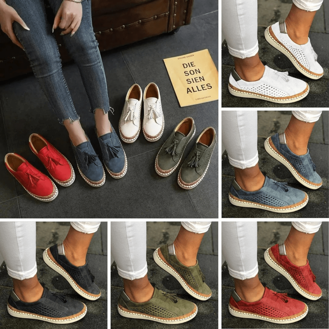 Women's Perforated Slip-On Loafers with Tassels – Breathable Flats for Summer Days
