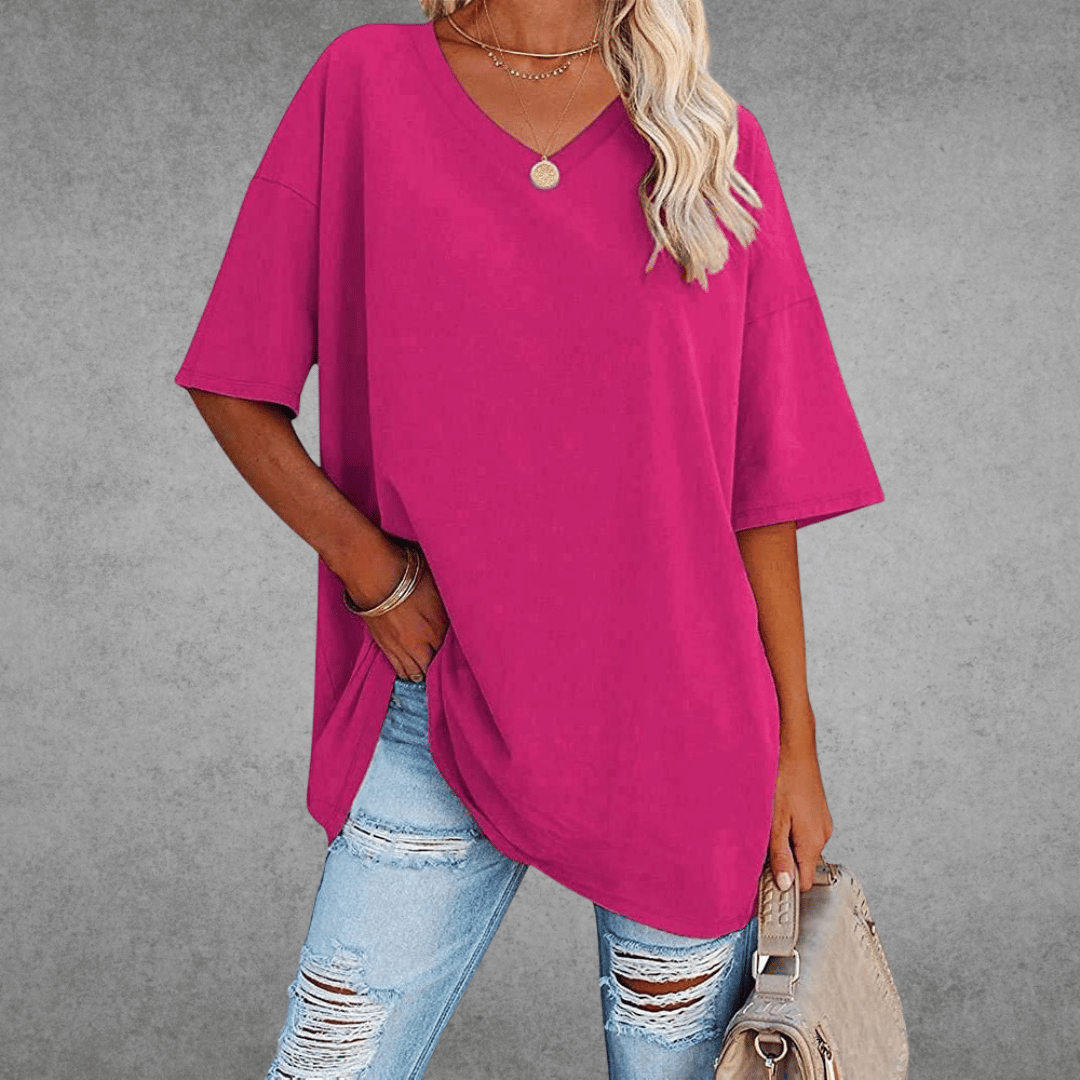 Women's Oversized V-Neck T-Shirt – Relaxed Dropped Shoulder Short Sleeve Tee