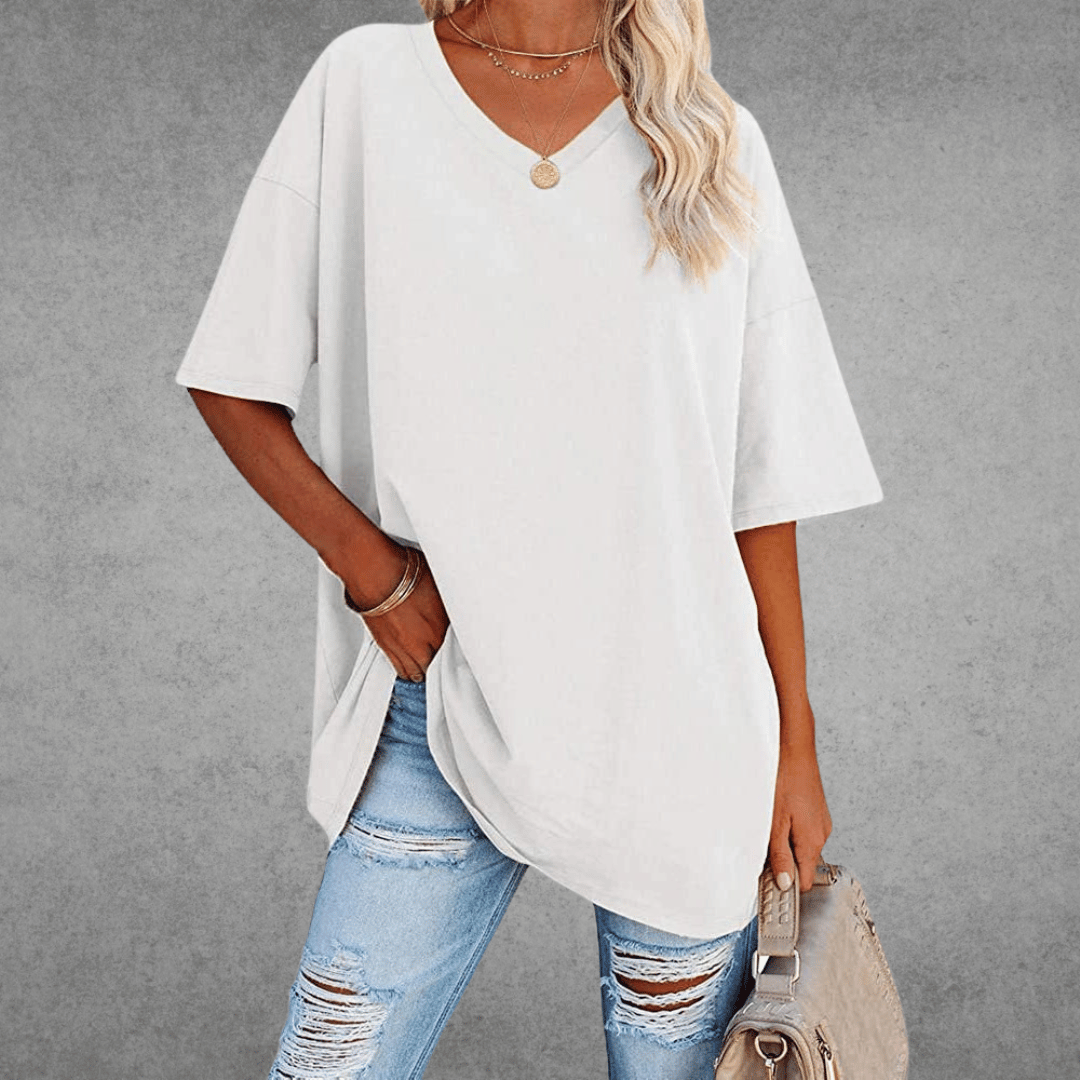 Women's Oversized V-Neck T-Shirt – Relaxed Dropped Shoulder Short Sleeve Tee