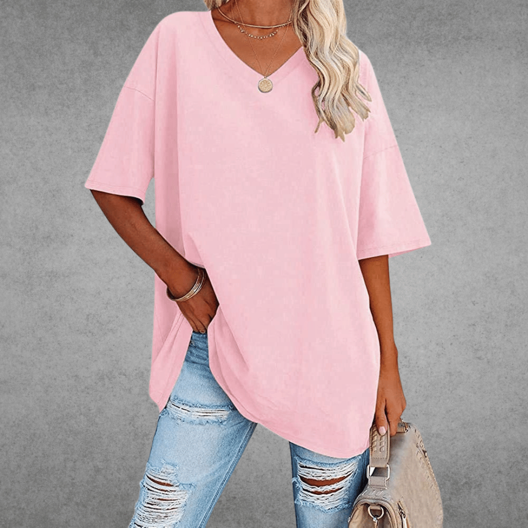 Women's Oversized V-Neck T-Shirt – Relaxed Dropped Shoulder Short Sleeve Tee