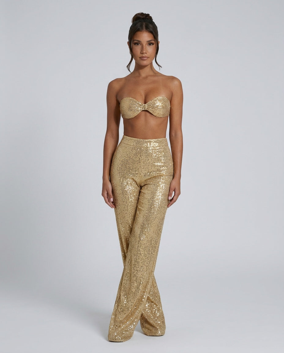 Women's High Waist Sequin Wide-Leg Pants – Sparkly Evening and Party Pants