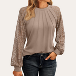 Women's Blouse with Lace Sleeves & Pleated Neckline – Elegant Top for Work & Dinner