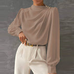 Women's Mock Neck Draped Blouse with Balloon Sleeves – Long Sleeve Top for Work and Occasions