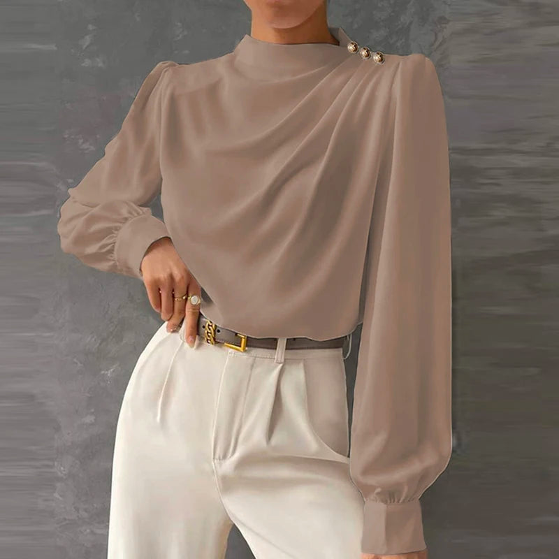 Women's Mock Neck Draped Blouse with Balloon Sleeves – Long Sleeve Top for Work and Occasions