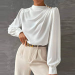 Women's Mock Neck Draped Blouse with Balloon Sleeves – Long Sleeve Top for Work and Occasions