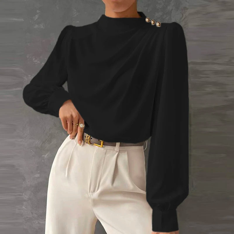 Women's Mock Neck Draped Blouse with Balloon Sleeves – Long Sleeve Top for Work and Occasions