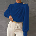 Women's Mock Neck Draped Blouse with Balloon Sleeves – Long Sleeve Top for Work and Occasions