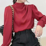 Women's Mock Neck Draped Blouse with Balloon Sleeves – Long Sleeve Top for Work and Occasions