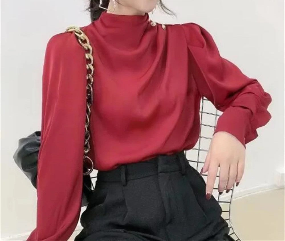 Women's Mock Neck Draped Blouse with Balloon Sleeves – Long Sleeve Top for Work and Occasions