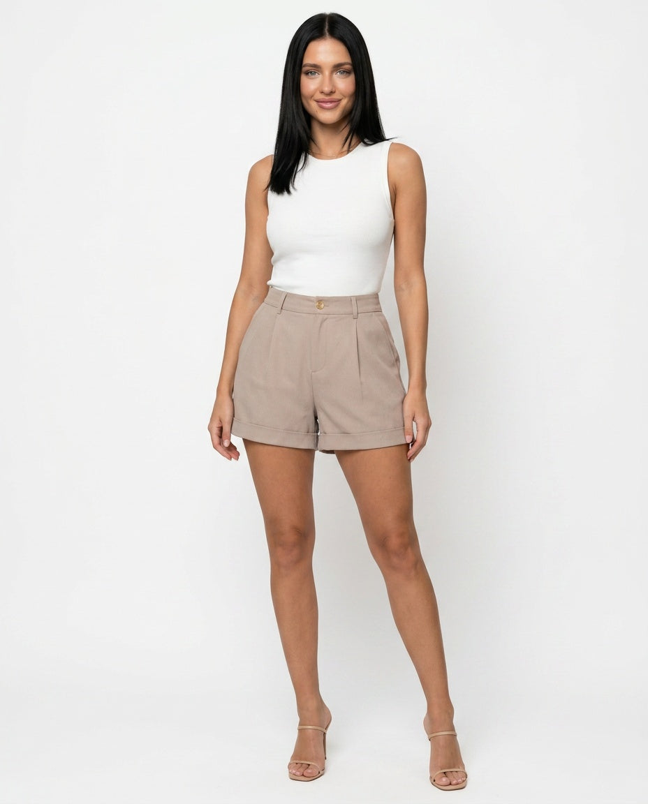 Women's High-Waist Wide-Leg Shorts with Turn-Up Hem – Cotton Blend Summer Shorts