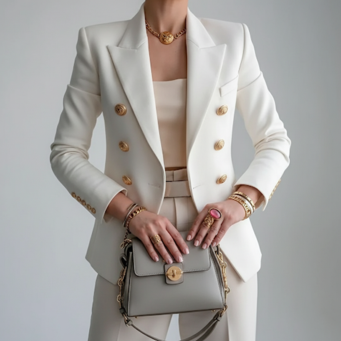 Women's Double-Breasted Fitted Blazer with Gold Buttons – Tailored Work & Evening Jacket
