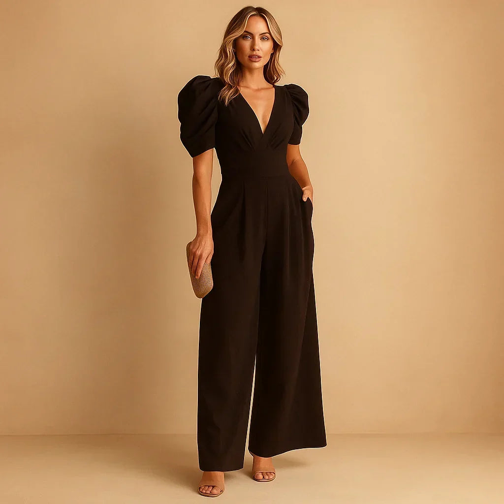 Women's Deep V-Neck Jumpsuit with Puff Sleeves & Wide Legs – Elegant Party & Wedding Guest