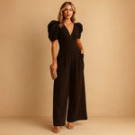 Women's Deep V-Neck Jumpsuit with Puff Sleeves & Wide Legs – Elegant Party & Wedding Guest