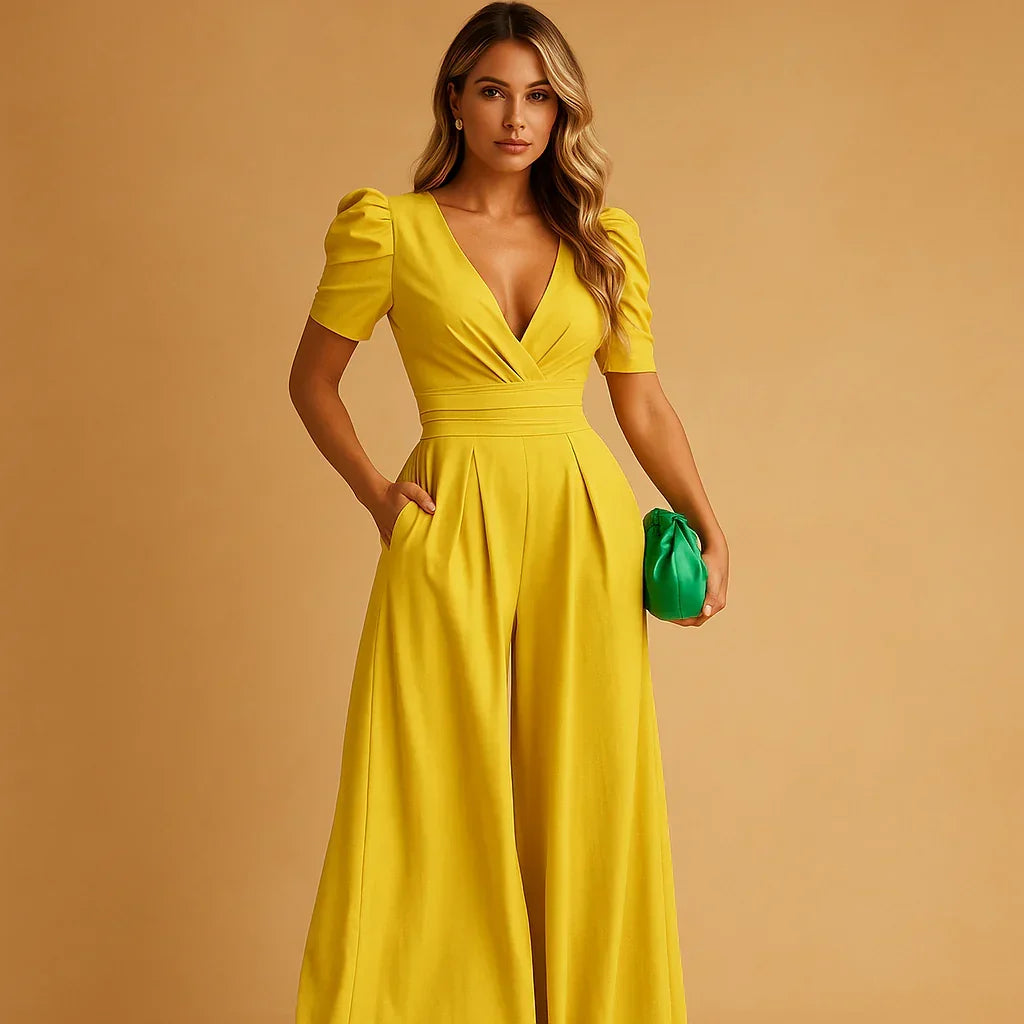 Women's Deep V-Neck Jumpsuit with Puff Sleeves & Wide Legs – Elegant Party & Wedding Guest
