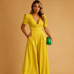 Women's Deep V-Neck Jumpsuit with Puff Sleeves & Wide Legs – Elegant Party & Wedding Guest