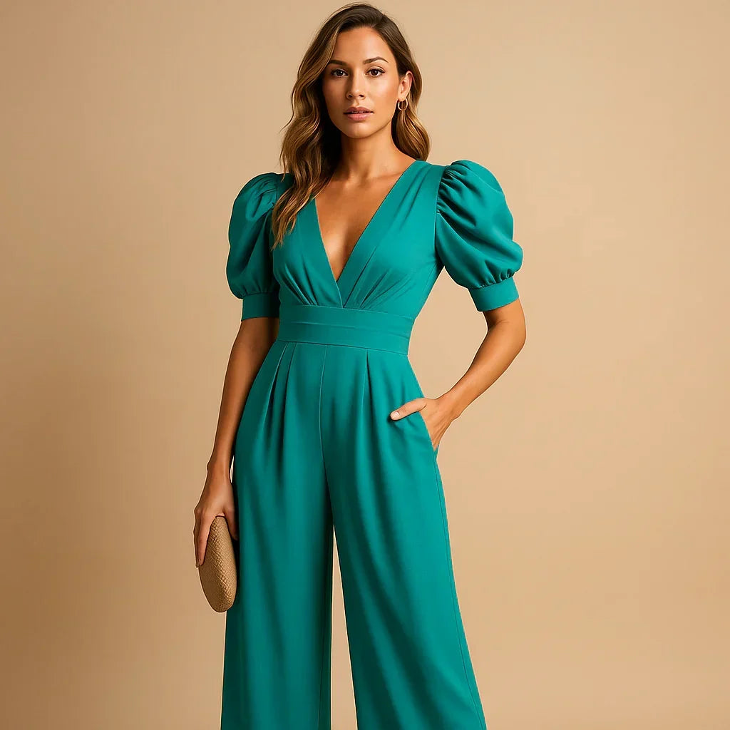 Women's Deep V-Neck Jumpsuit with Puff Sleeves & Wide Legs – Elegant Party & Wedding Guest