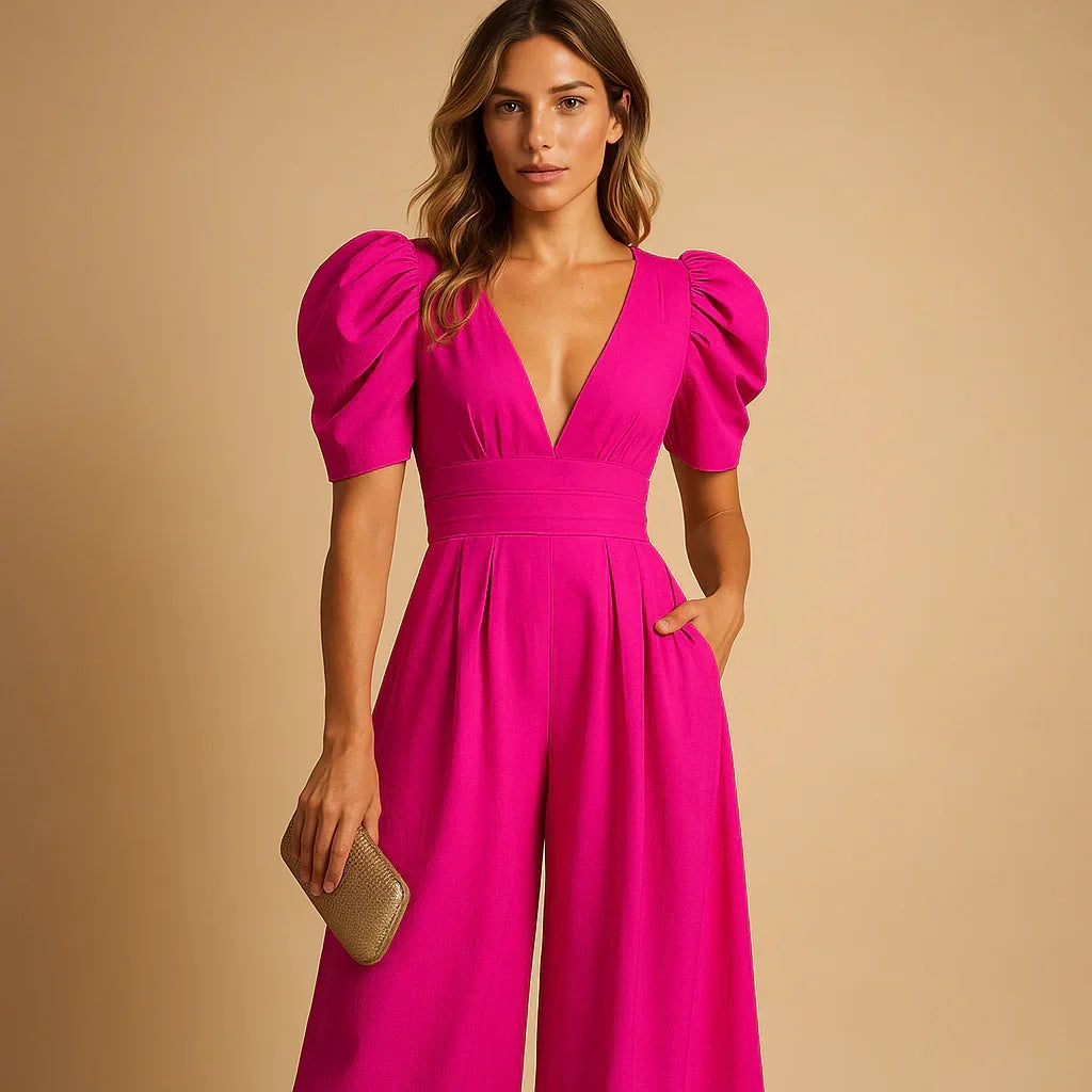 Women's Deep V-Neck Jumpsuit with Puff Sleeves & Wide Legs – Elegant Party & Wedding Guest
