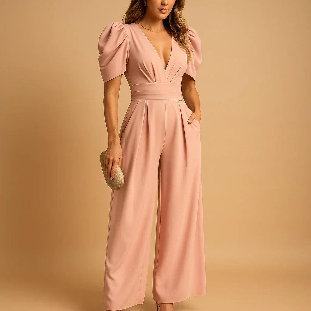 Women's Deep V-Neck Jumpsuit with Puff Sleeves & Wide Legs – Elegant Party & Wedding Guest