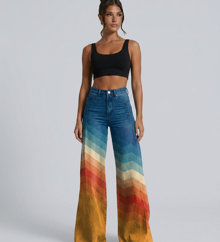Women's Rainbow Gradient High-Waist Wide-Leg Jeans – Multicolour Statement Denim Pants