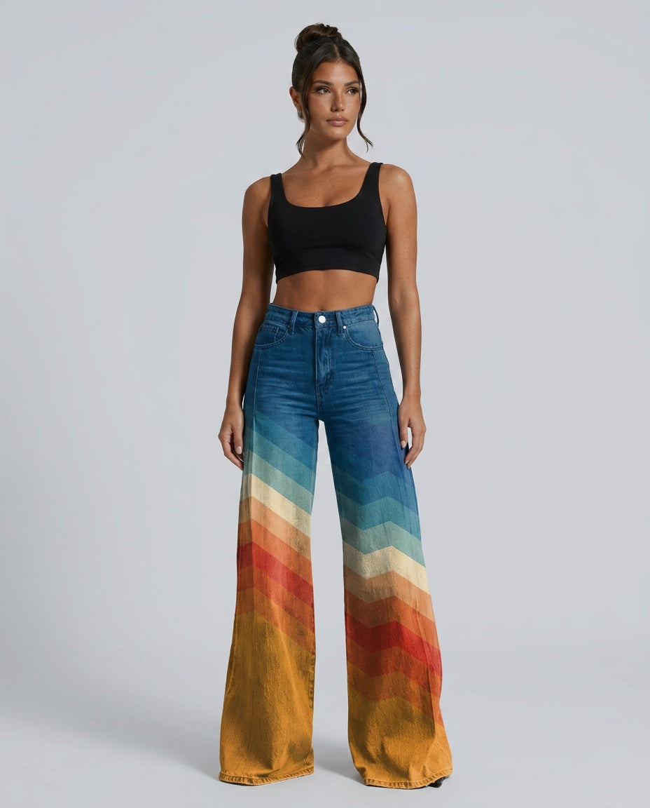 Women's Rainbow Gradient High-Waist Wide-Leg Jeans – Multicolour Statement Denim Pants