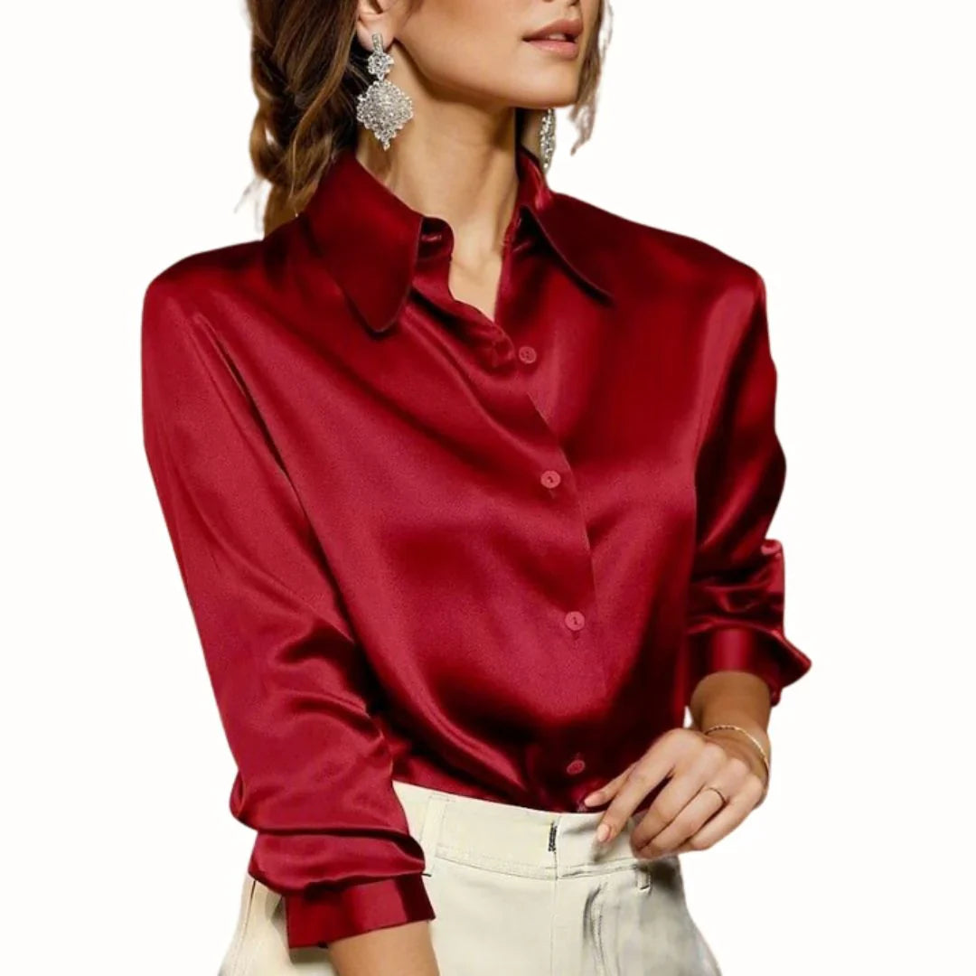Women's Button-Down Long Sleeve Blouse with Point Collar – Relaxed Fit Workwear Shirt