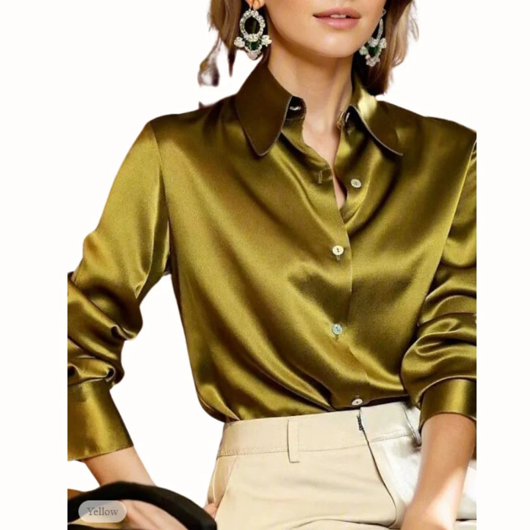Women's Button-Down Long Sleeve Blouse with Point Collar – Relaxed Fit Workwear Shirt