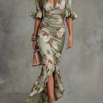 Women's Floral Satin Fishtail Maxi Dress with Ruched Waist & Frill Sleeves – Wedding Guest