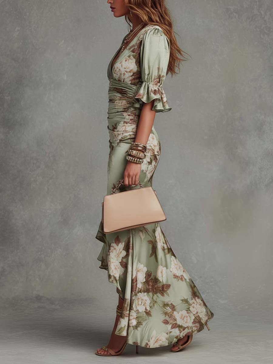 Women's Floral Satin Fishtail Maxi Dress with Ruched Waist & Frill Sleeves – Wedding Guest