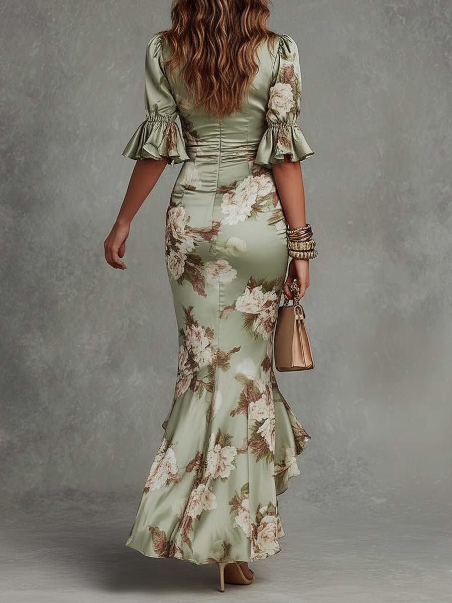 Women's Floral Satin Fishtail Maxi Dress with Ruched Waist & Frill Sleeves – Wedding Guest