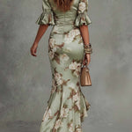 Women's Floral Satin Fishtail Maxi Dress with Ruched Waist & Frill Sleeves – Wedding Guest