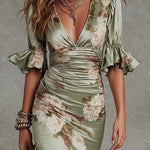 Women's Floral Satin Fishtail Maxi Dress with Ruched Waist & Frill Sleeves – Wedding Guest