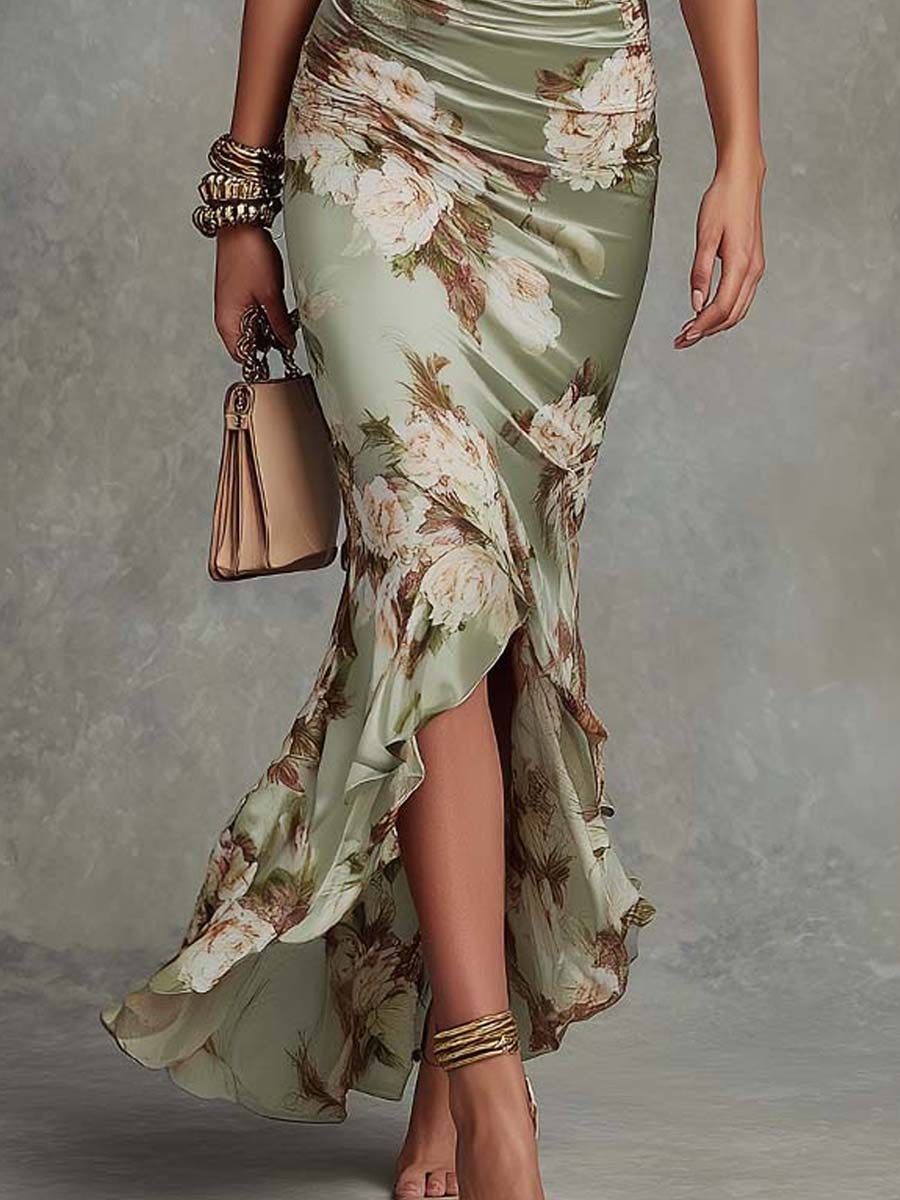 Women's Floral Satin Fishtail Maxi Dress with Ruched Waist & Frill Sleeves – Wedding Guest