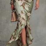 Women's Floral Satin Fishtail Maxi Dress with Ruched Waist & Frill Sleeves – Wedding Guest
