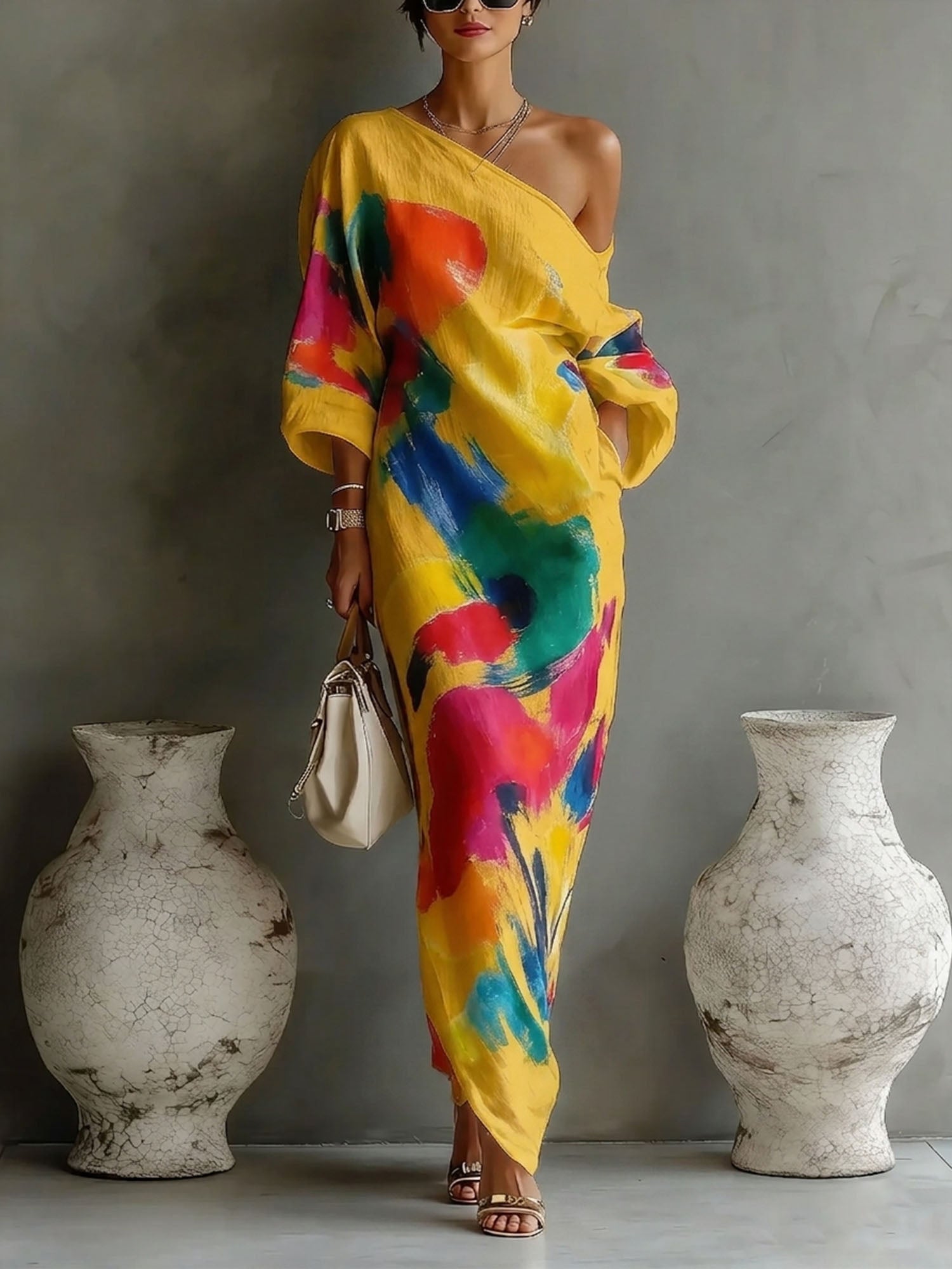 Women's Abstract Print Maxi Dress – Artistic Long Summer Dress for Events & Holidays