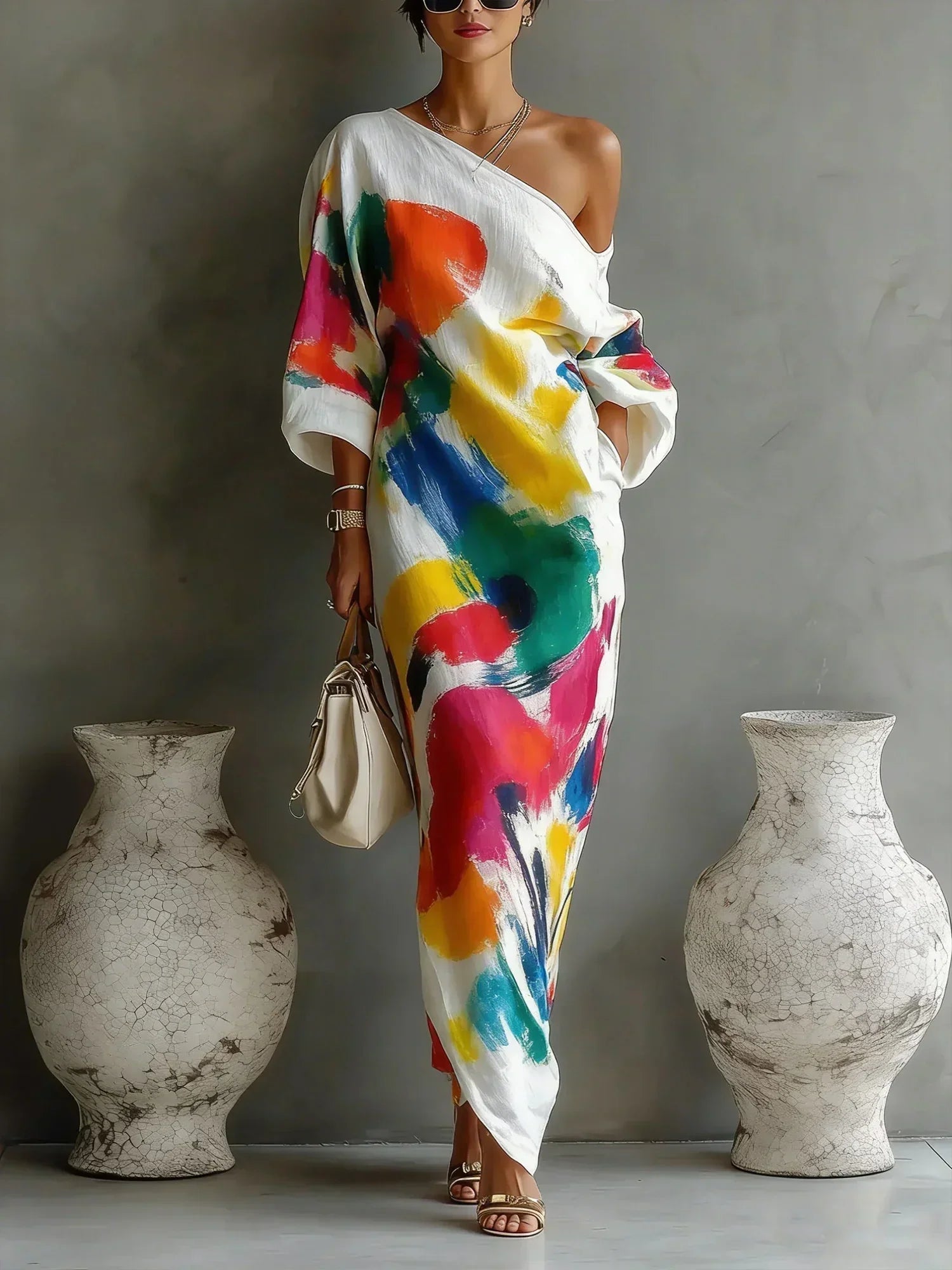Women's Abstract Print Maxi Dress – Artistic Long Summer Dress for Events & Holidays