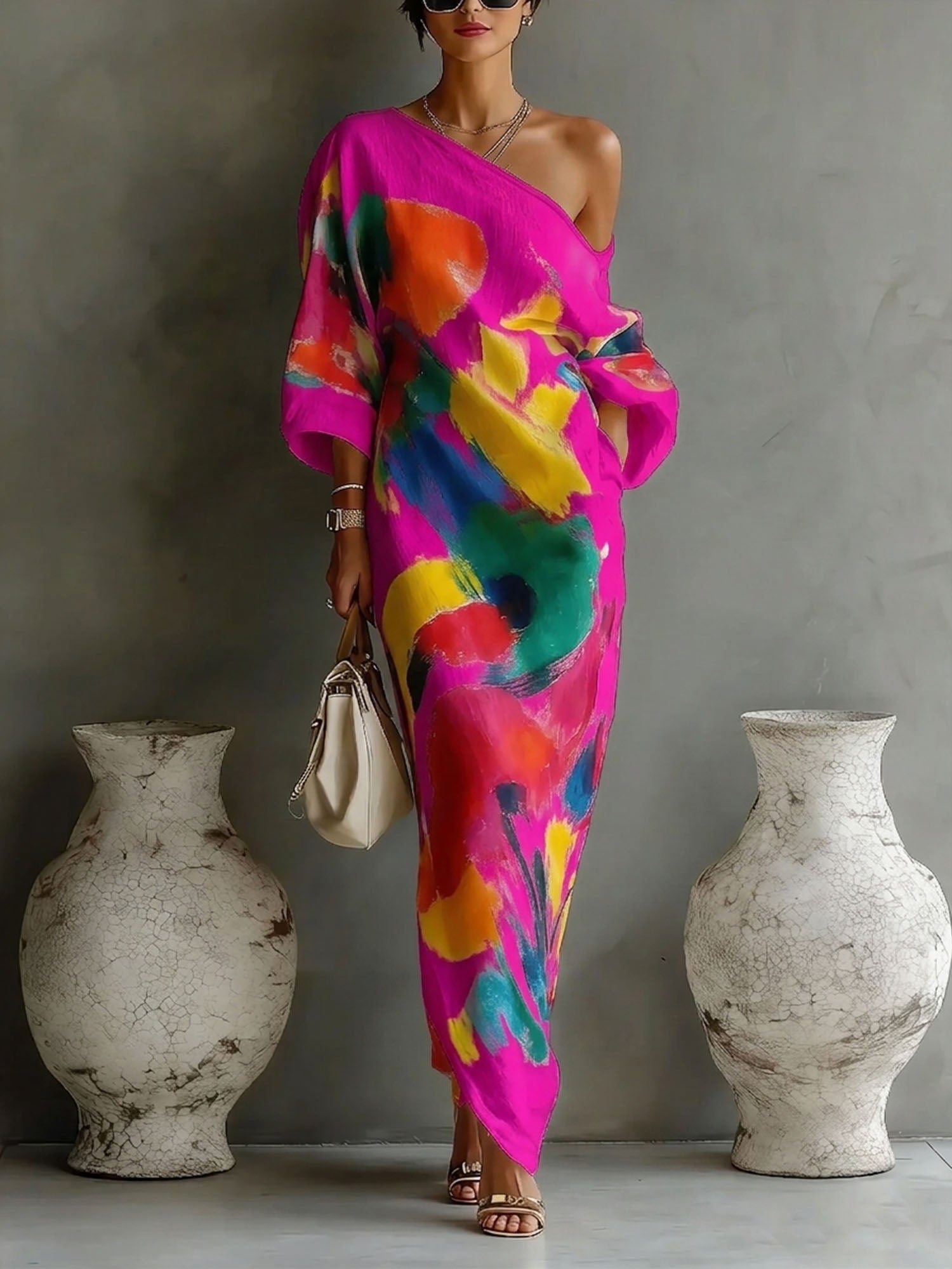 Women's Abstract Print Maxi Dress – Artistic Long Summer Dress for Events & Holidays
