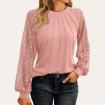 Women's Blouse with Lace Sleeves & Pleated Neckline – Elegant Top for Work & Dinner