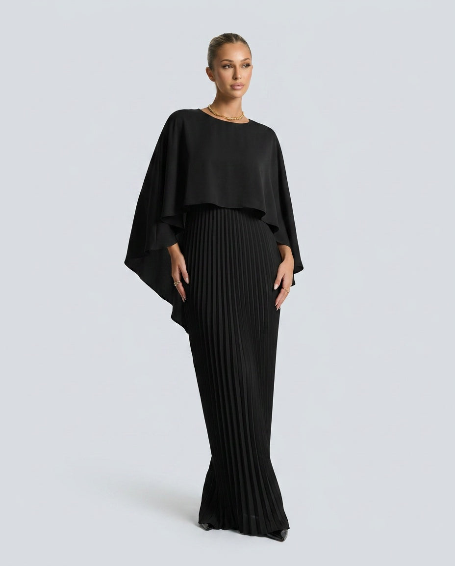 Women's Pleated Maxi Dress with Cape Overlay – Elegant Evening & Wedding Guest Dress