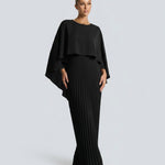 Women's Pleated Maxi Dress with Cape Overlay – Elegant Evening & Wedding Guest Dress